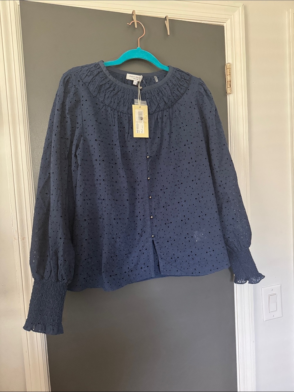 Ramy Brook Embroidered Button-Front Navy Eyelet Blouse